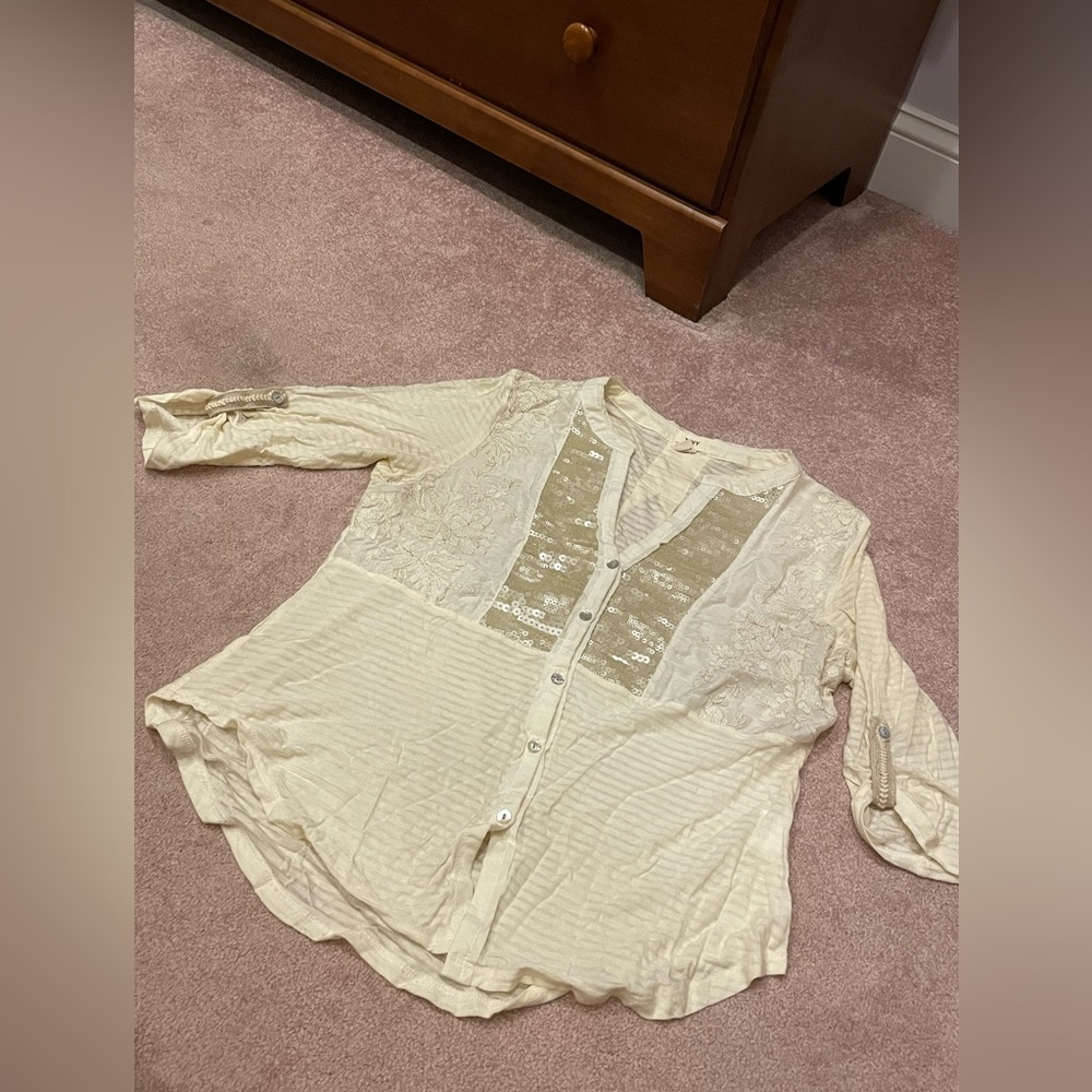 Anthropologie Tiny Sequin & Embroidered Cream Top